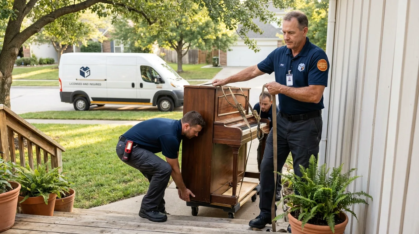 Licensed piano movers securing grand piano in Knox, IN