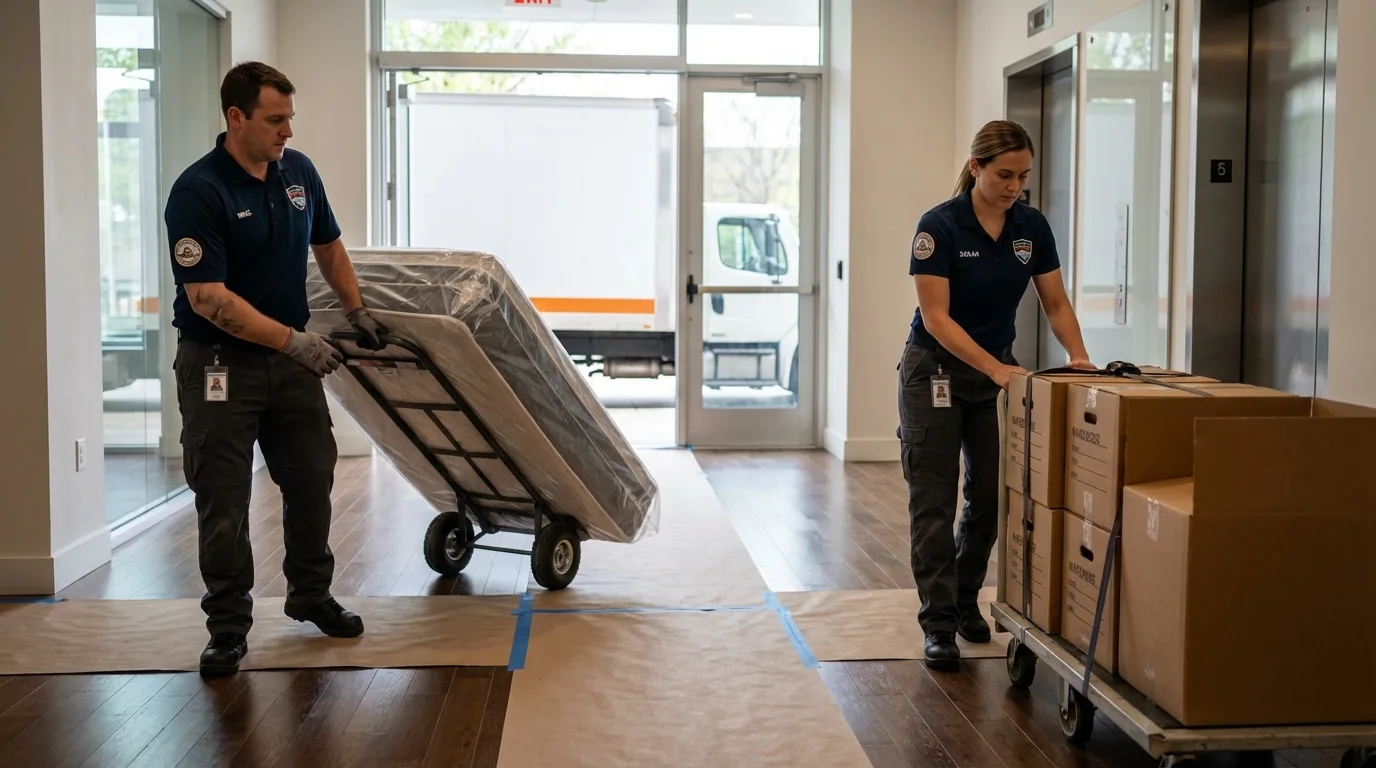 Professional apartment movers loading elevator in Knox, IN